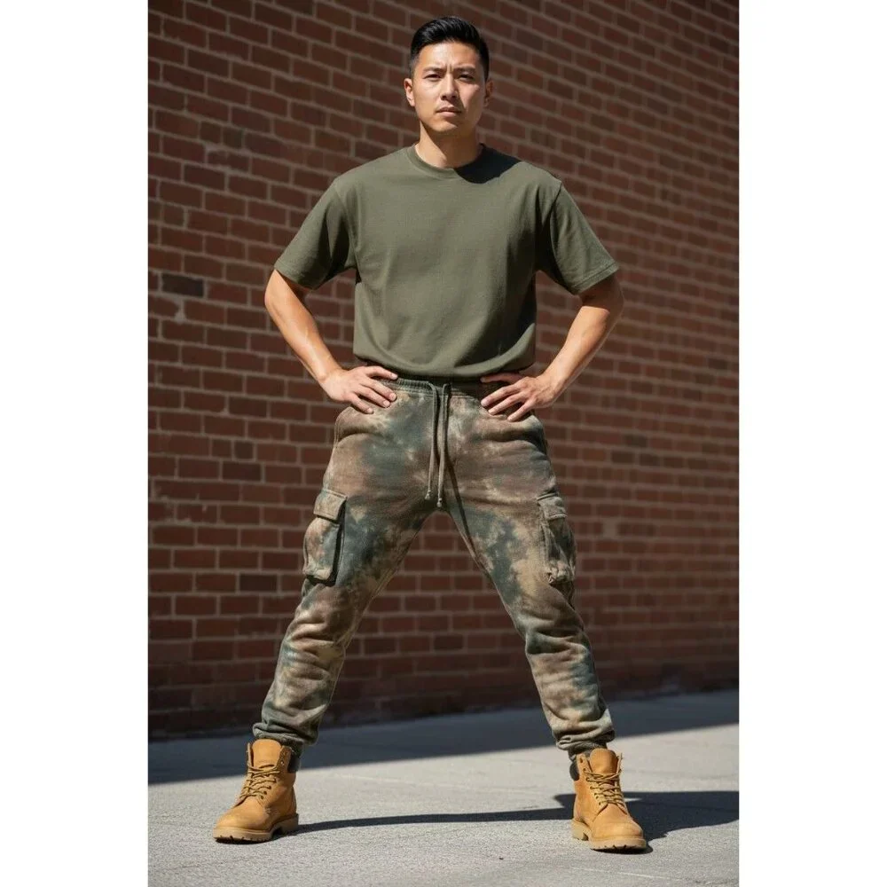 MNML Brown & Green Camo Cargo Pants L Relaxed Fit Straight Leg 100% Cotton Made